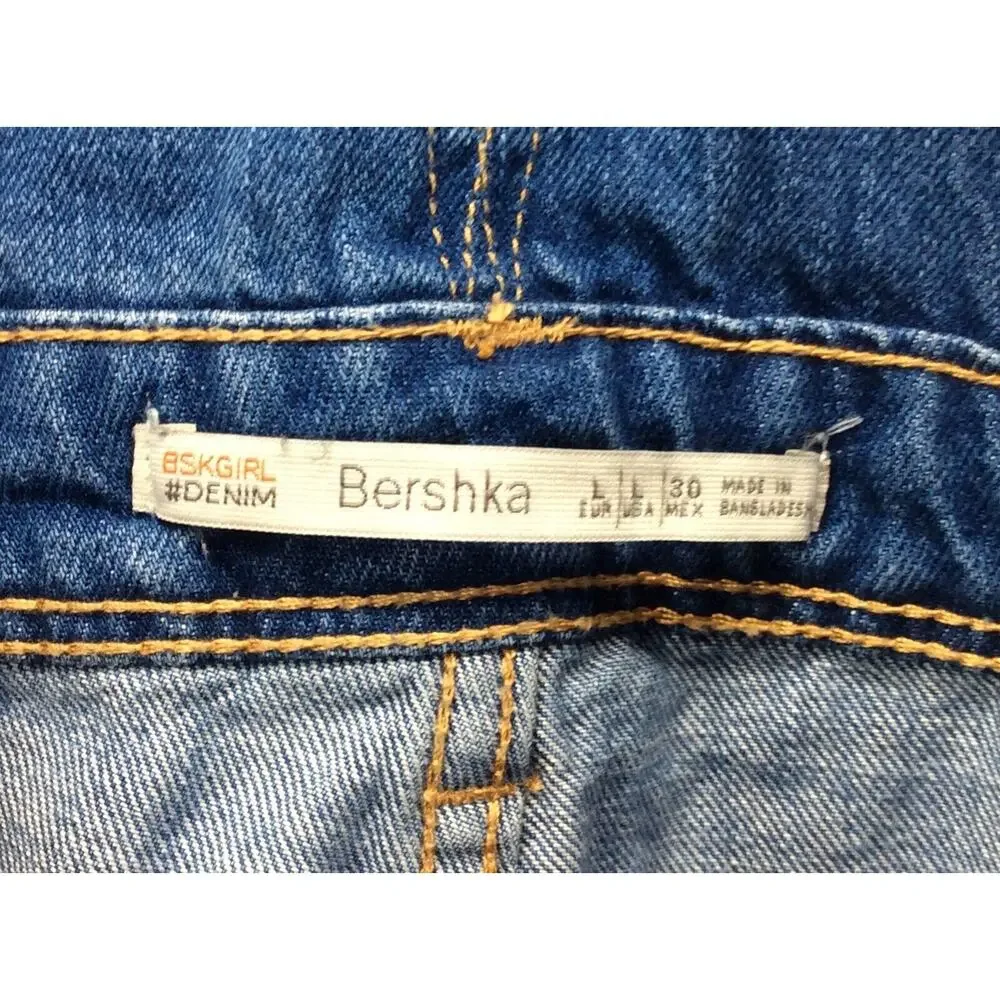 Bershka Denim Bib Shortalls Women's Size L Blue Distressed Cuffed Boho Festival